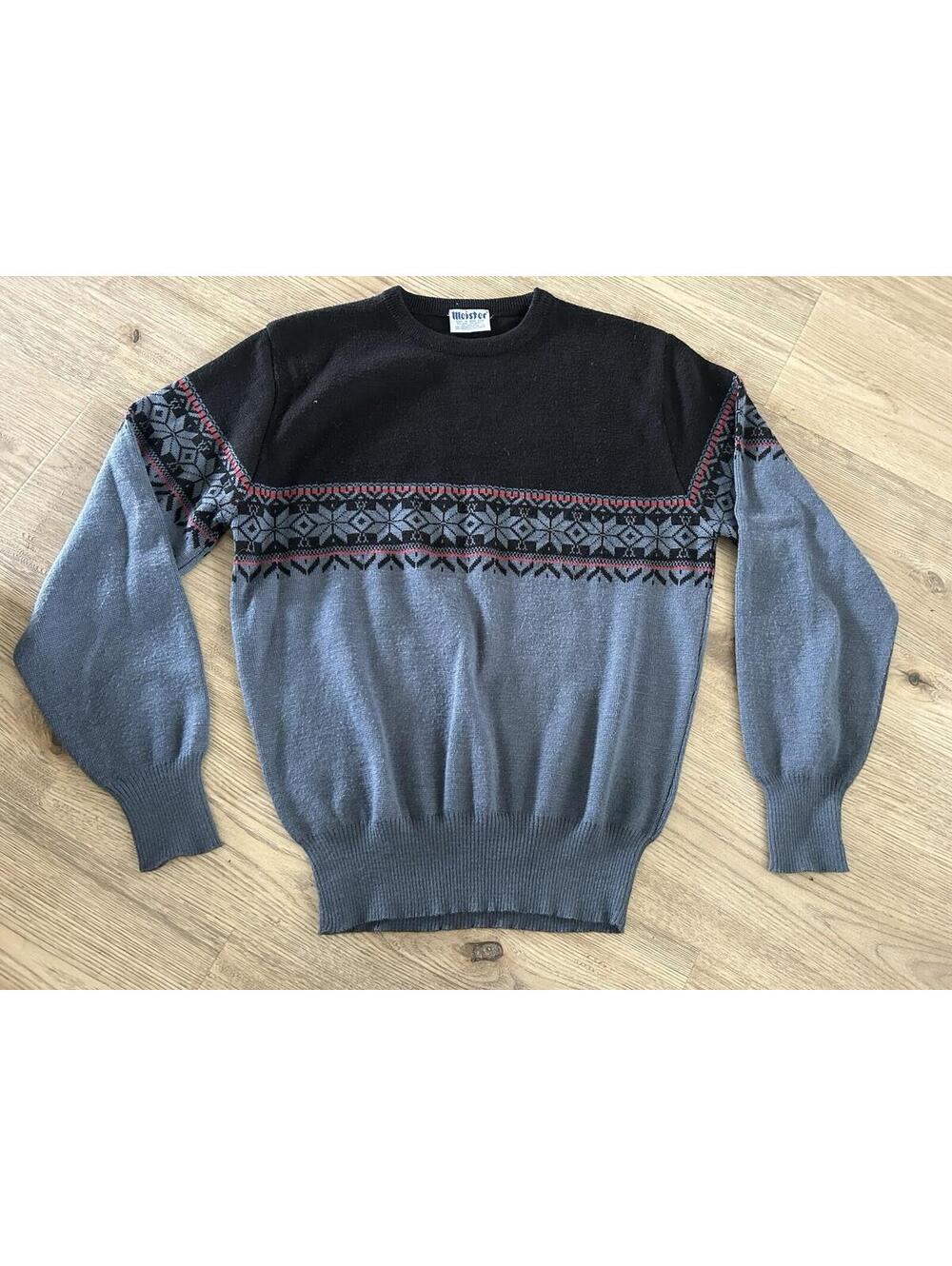 1980s Meister Sweater Ski Black and Blu Ski Mod Geometric Mens L Wool Blend